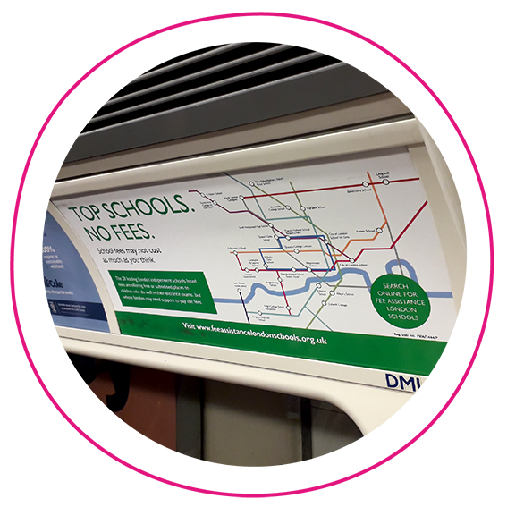 LFAC 'Top Schools. No Fees.' campaign on a tube train