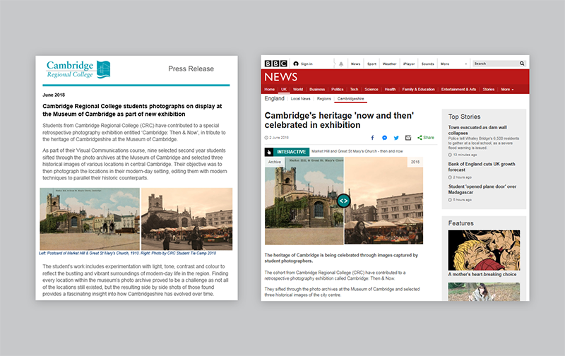 Example of press release written by WSA being displayed on the BBC News website titled 'Cambridge's heritage 'now and then' celebrated in exhibition'