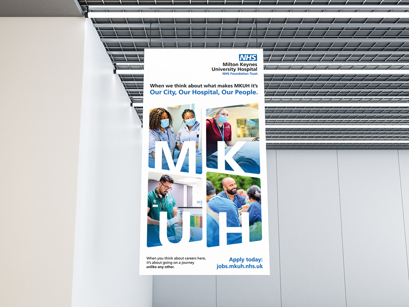 a healthcare recruitment advertising hanging banner design for career events