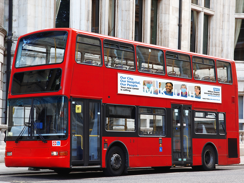 a healthcare recruitment advertising bus streetliner advert with medical staff featured in the photography
