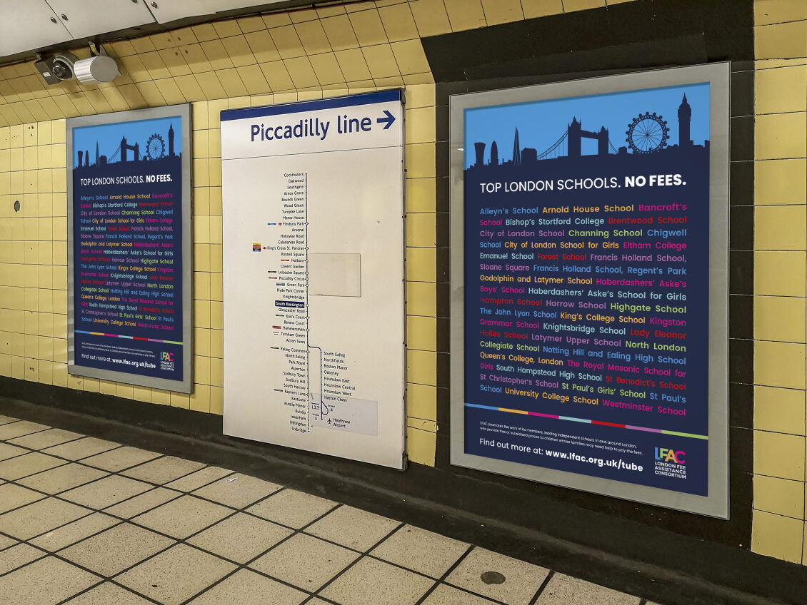 a London Underground Tube advertisement for independent school bursary programmes in London