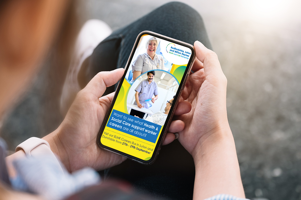 Healthcare social media recruitment marketing campaign shown on mobile phone