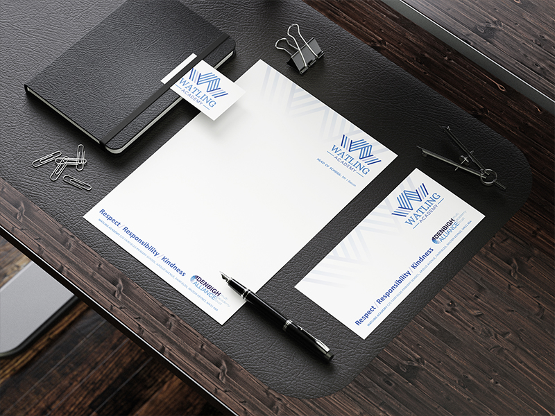 an image of a school branded stationery including letterhead design, compliment slip design and business card design
