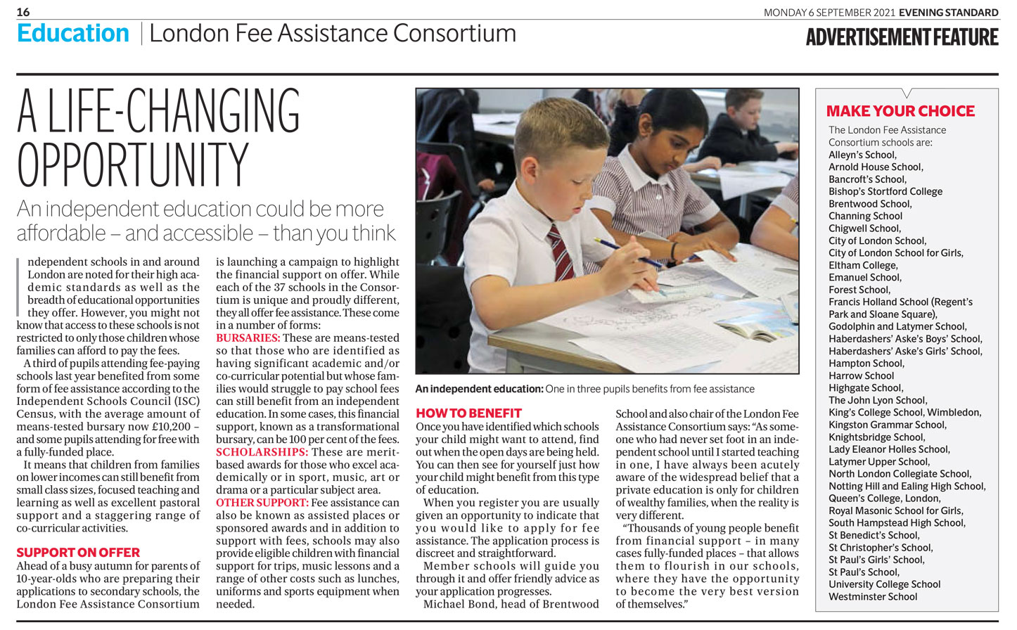 an evening standard news article providing details of an independent school bursary programme