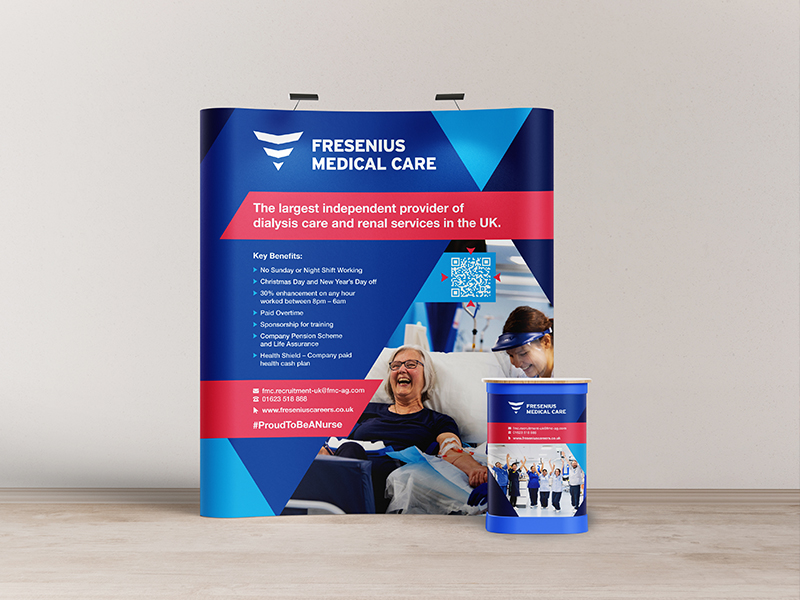 An image of a healthcare careers recruitment event stand design with lectern