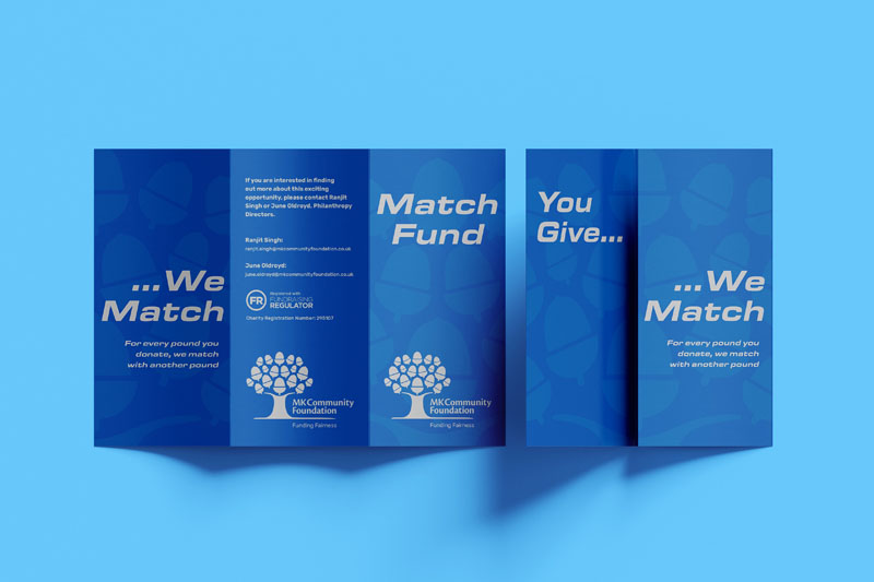 Milton Keynes Community Foundation match fund leaflet design for driving philanthropy event at Red Bull