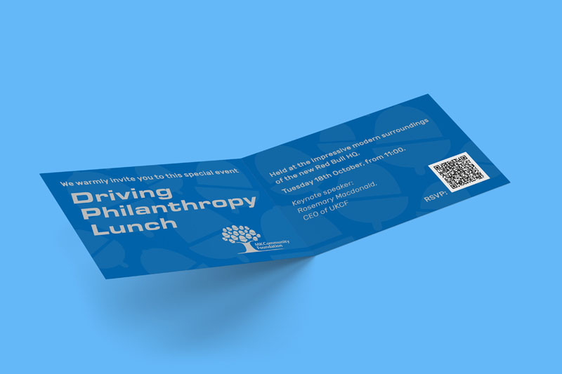 Milton Keynes Community Foundation invite card design for driving philanthropy event at Red Bull