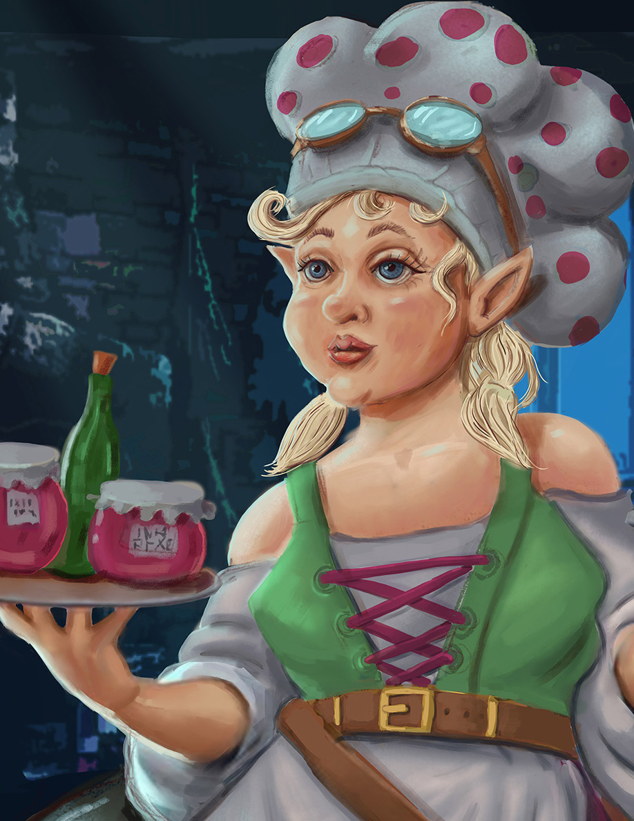 a close up of the hidden valley character called Maida Munchalot holding jars and bottles