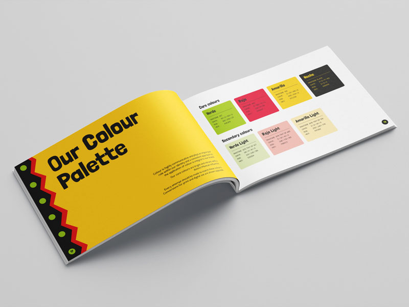 A bright yellow printed brand guidelines document for a churros vendor