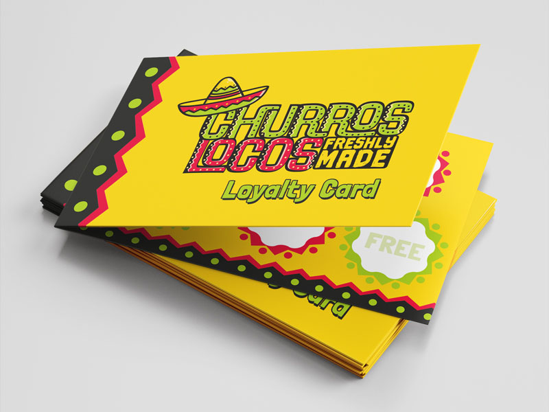 A bright yellow printed loyalty card design for a churros vendor