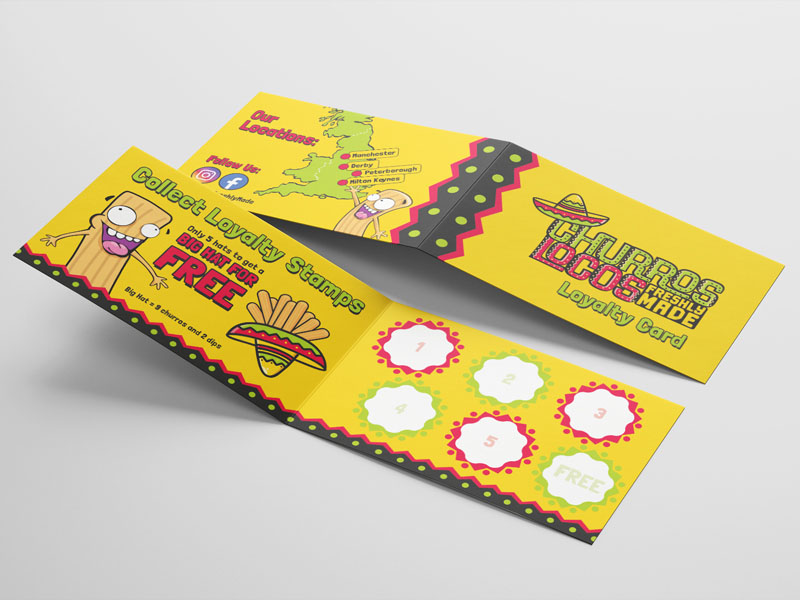 A bright yellow printed loyalty card design for a churros vendor